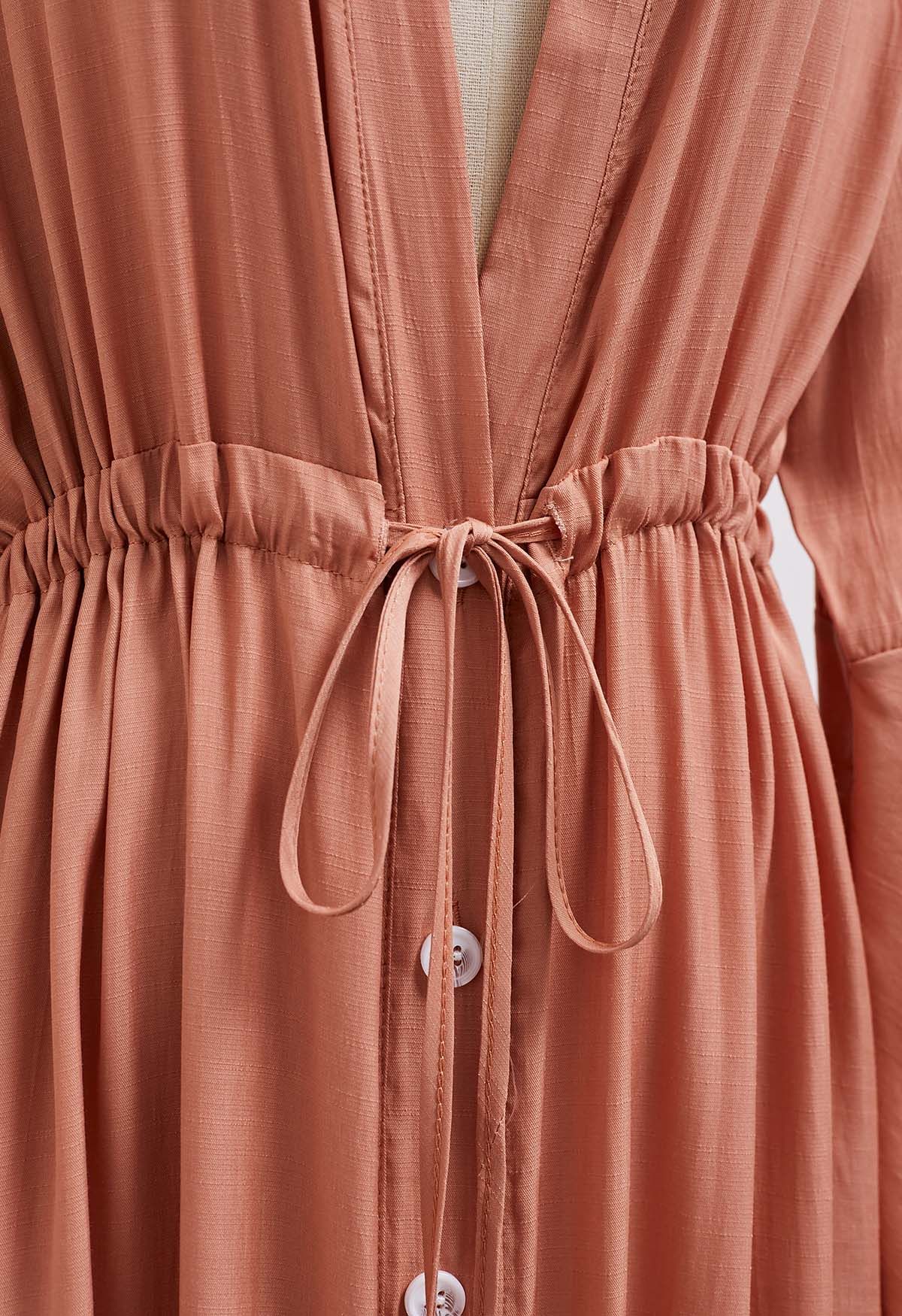 V-Neck Flounce Sleeves Button-Up Cover-Up in Coral