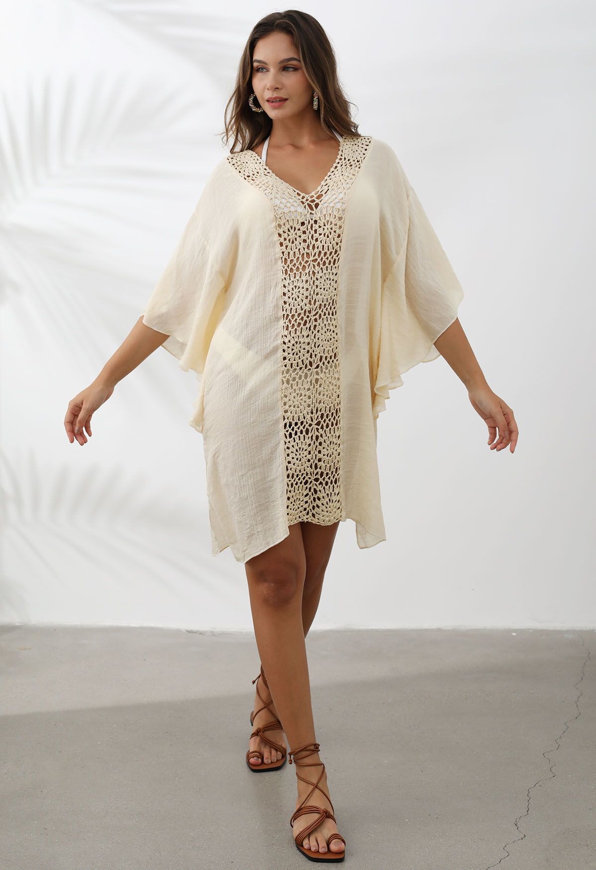 Batwing Sleeve Crochet Spliced Cover-Up Dress