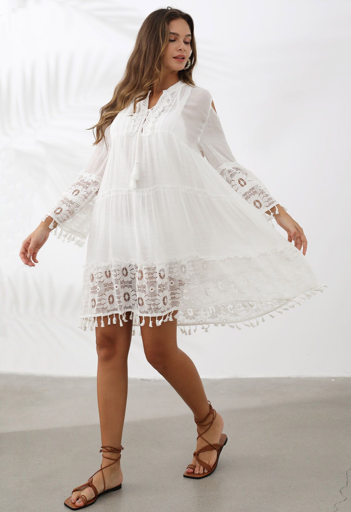 Cutwork Lace Tassel Trim Dolly Dress in White