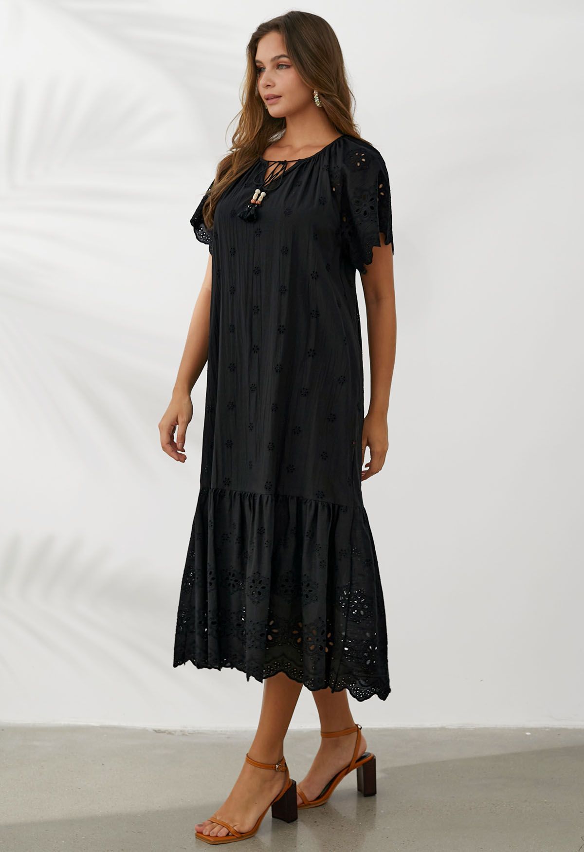 V-Neck Floral Embroidery Eyelet Dolly Dress in Black