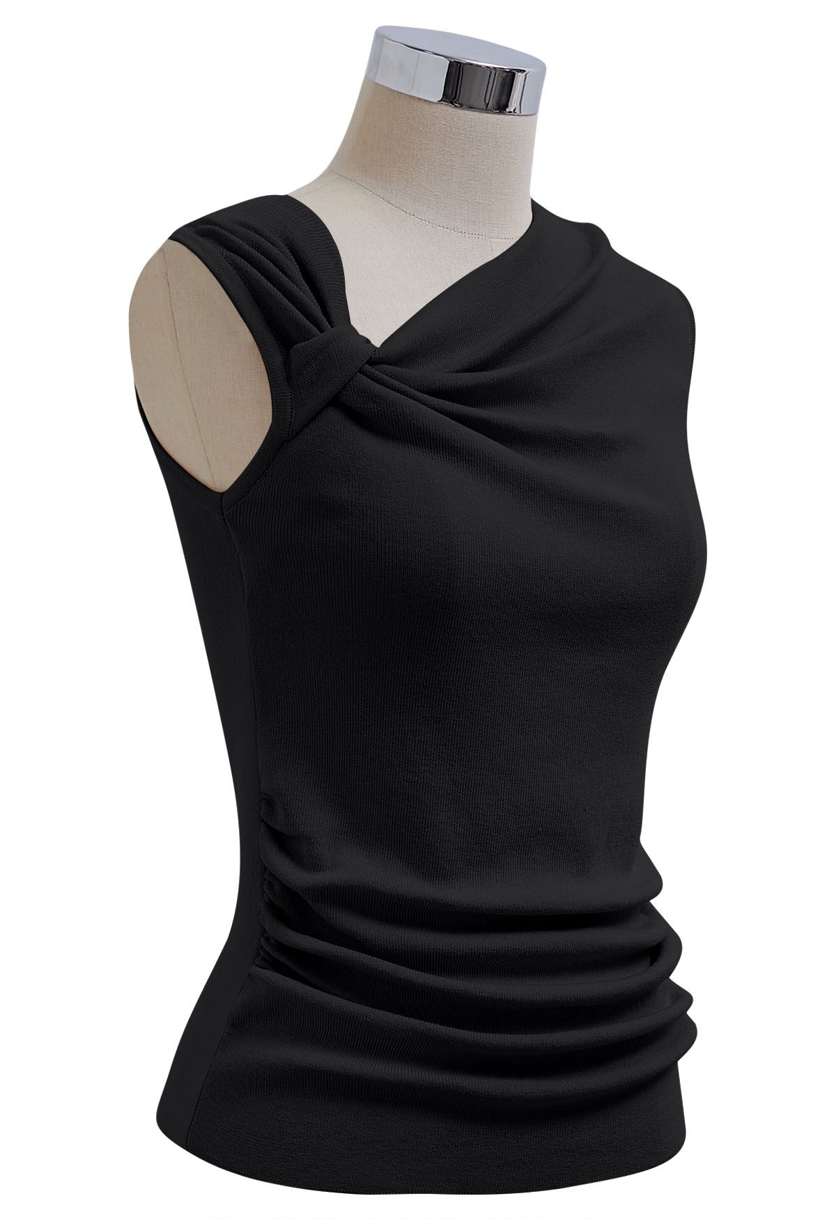 Side Knot Ruched Sleeveless Knit Top in Black