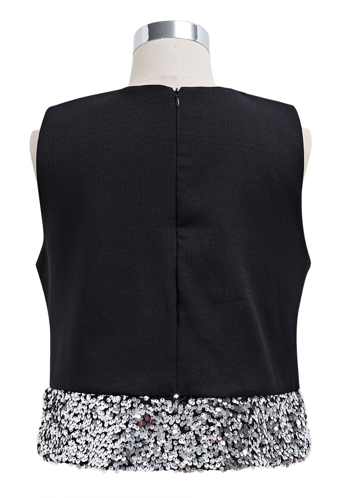 Sequined Hem Sleeveless Tweed Crop Top in Black