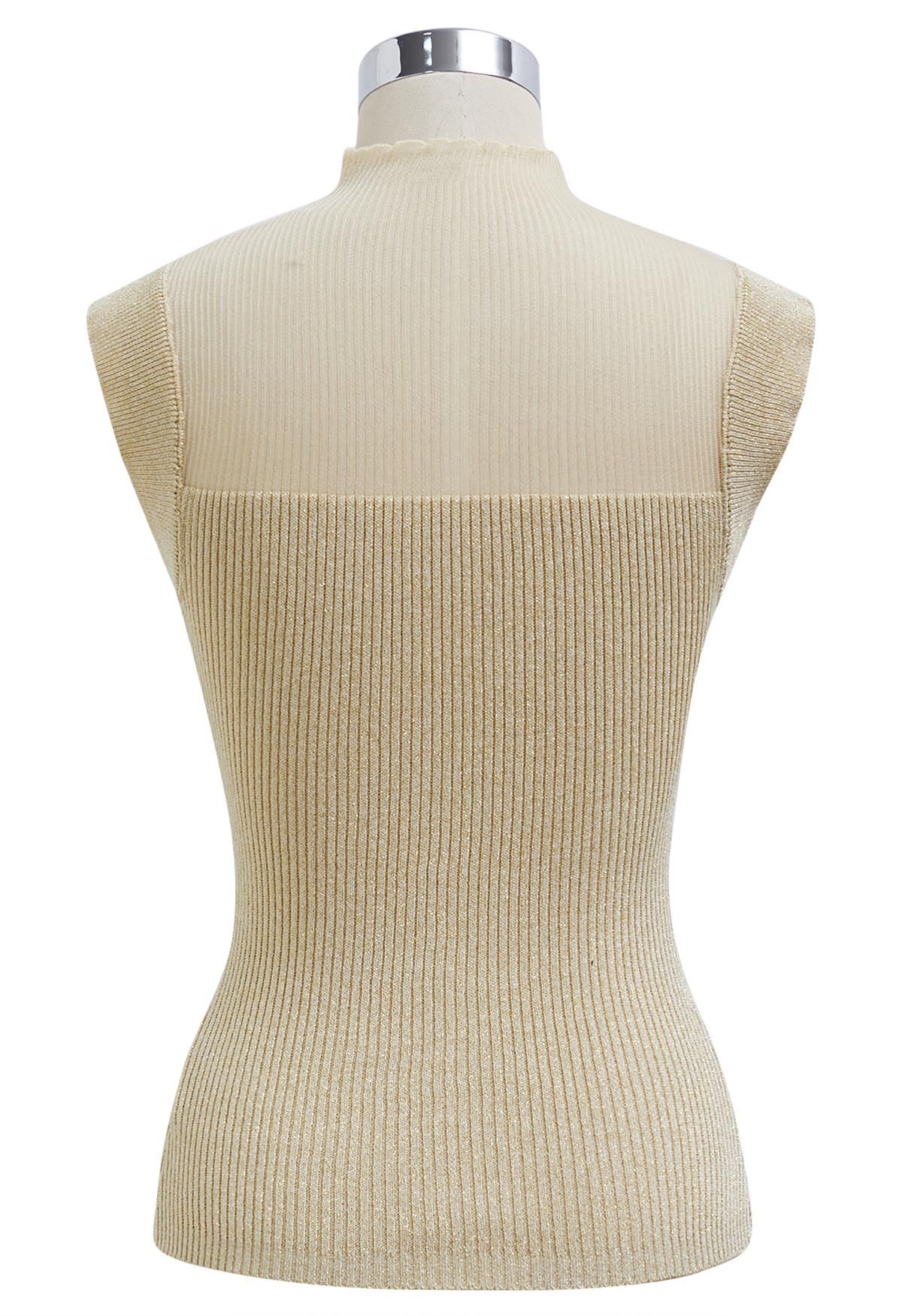 Cutout Mesh Mock Neck Metallic Knit Top in Gold