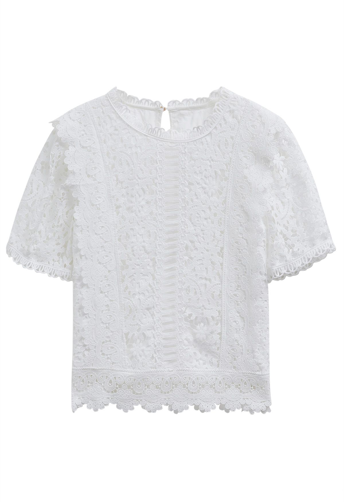 Floral Guipure Lace Short Sleeve Top in White