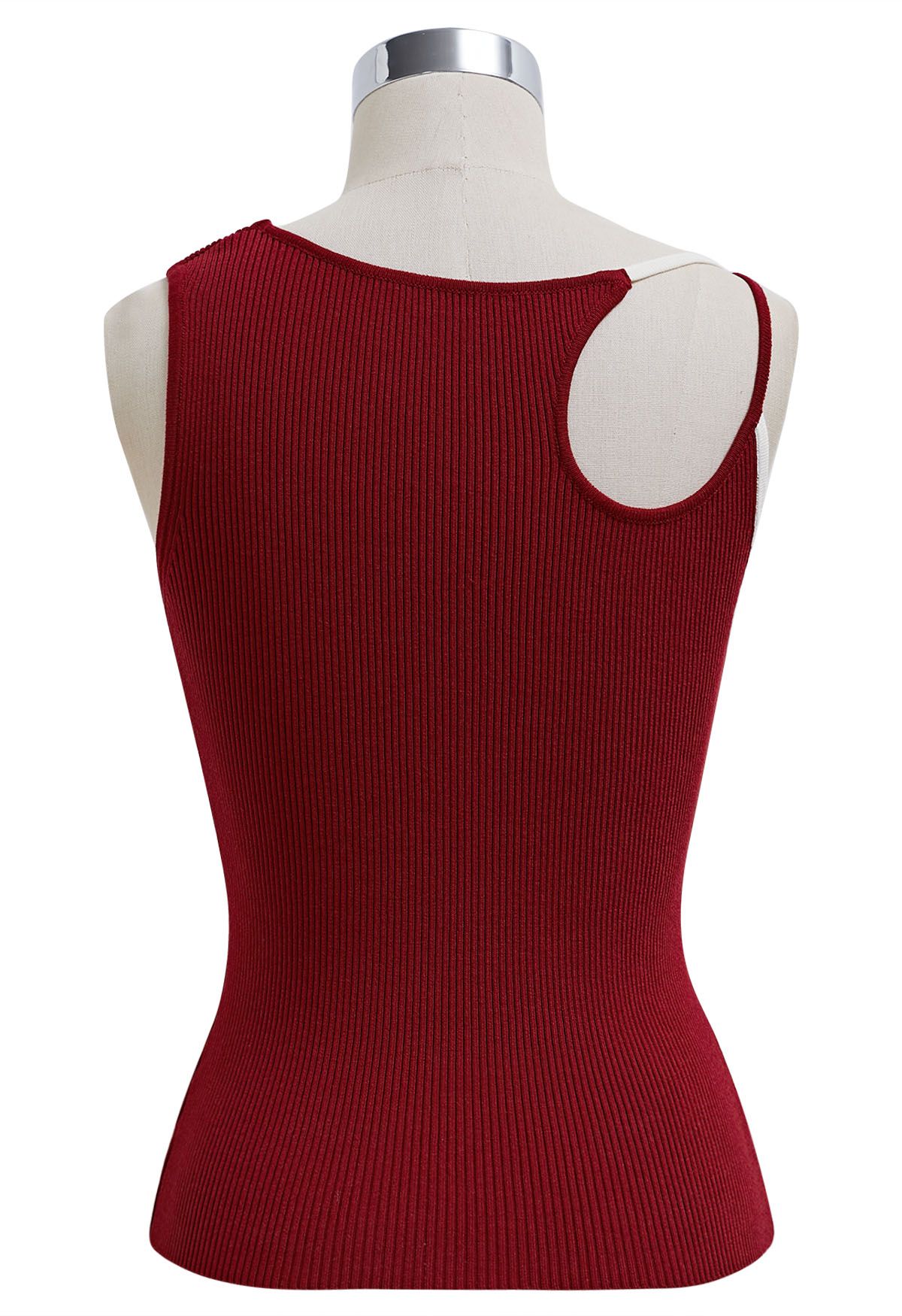 Contrast Asymmetric Straps Ribbed Knit Tank Top in Red