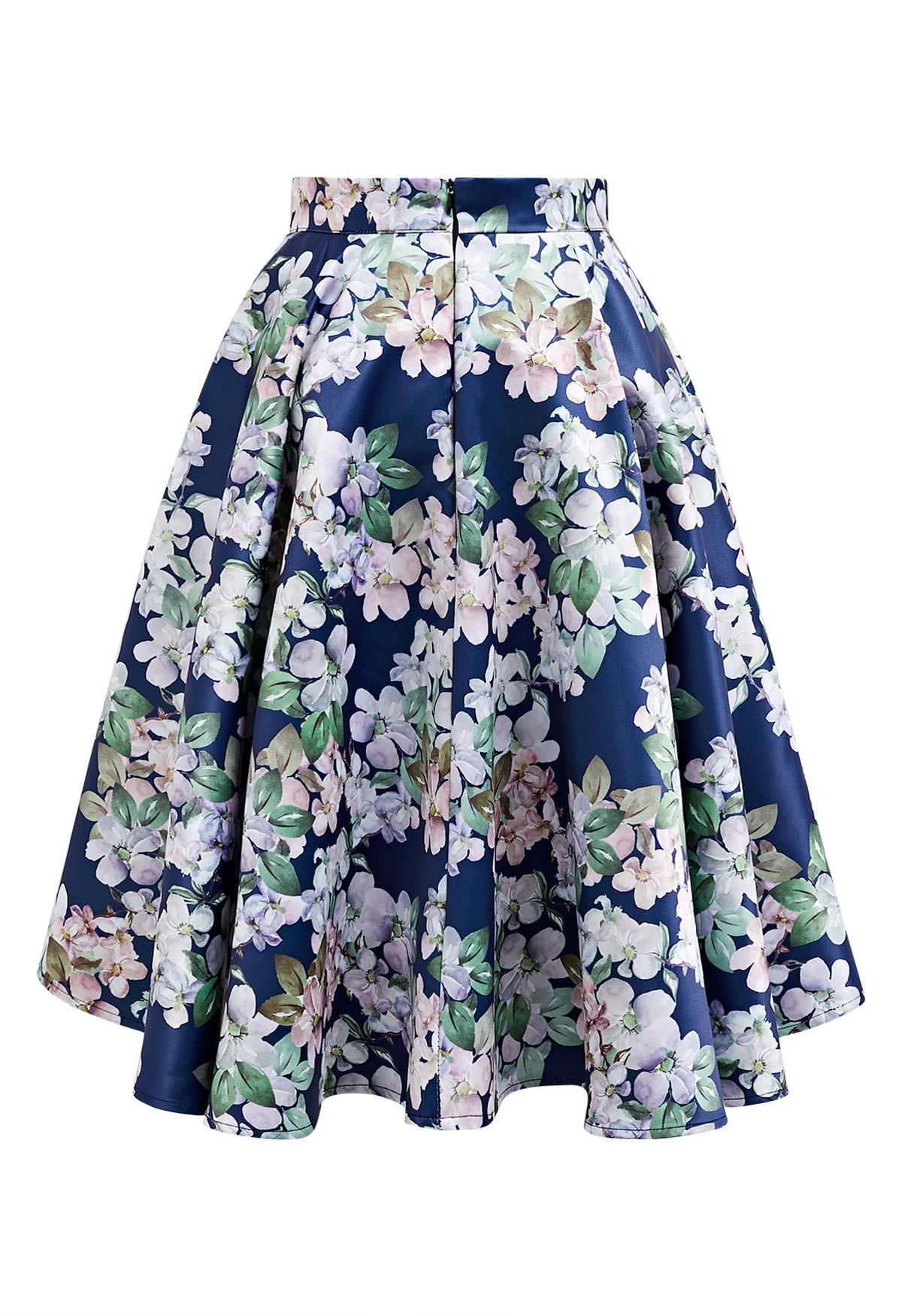 Bright Floral Printed Flare Midi Skirt in Navy