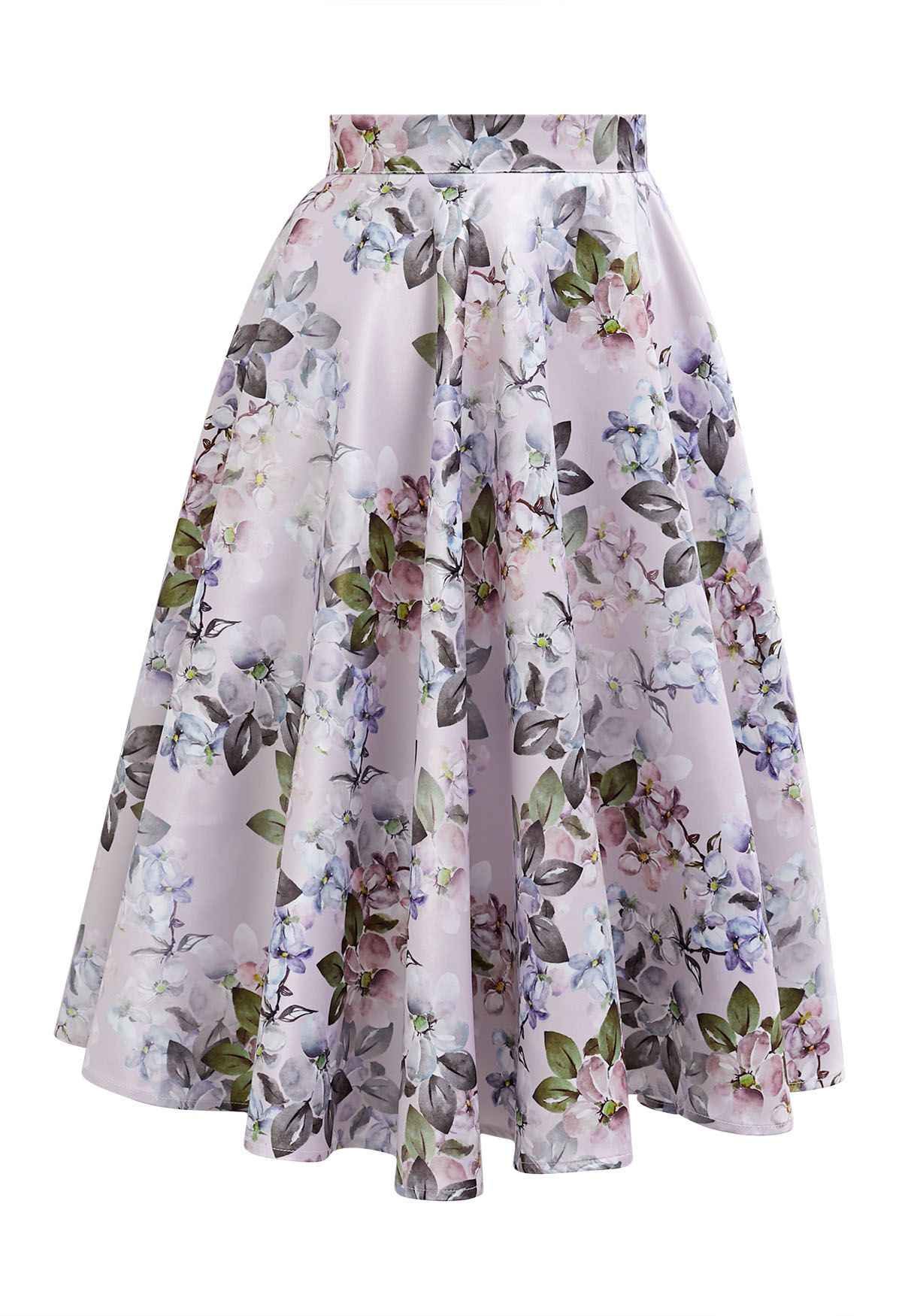 Bright Floral Printed Flare Midi Skirt in Light Pink