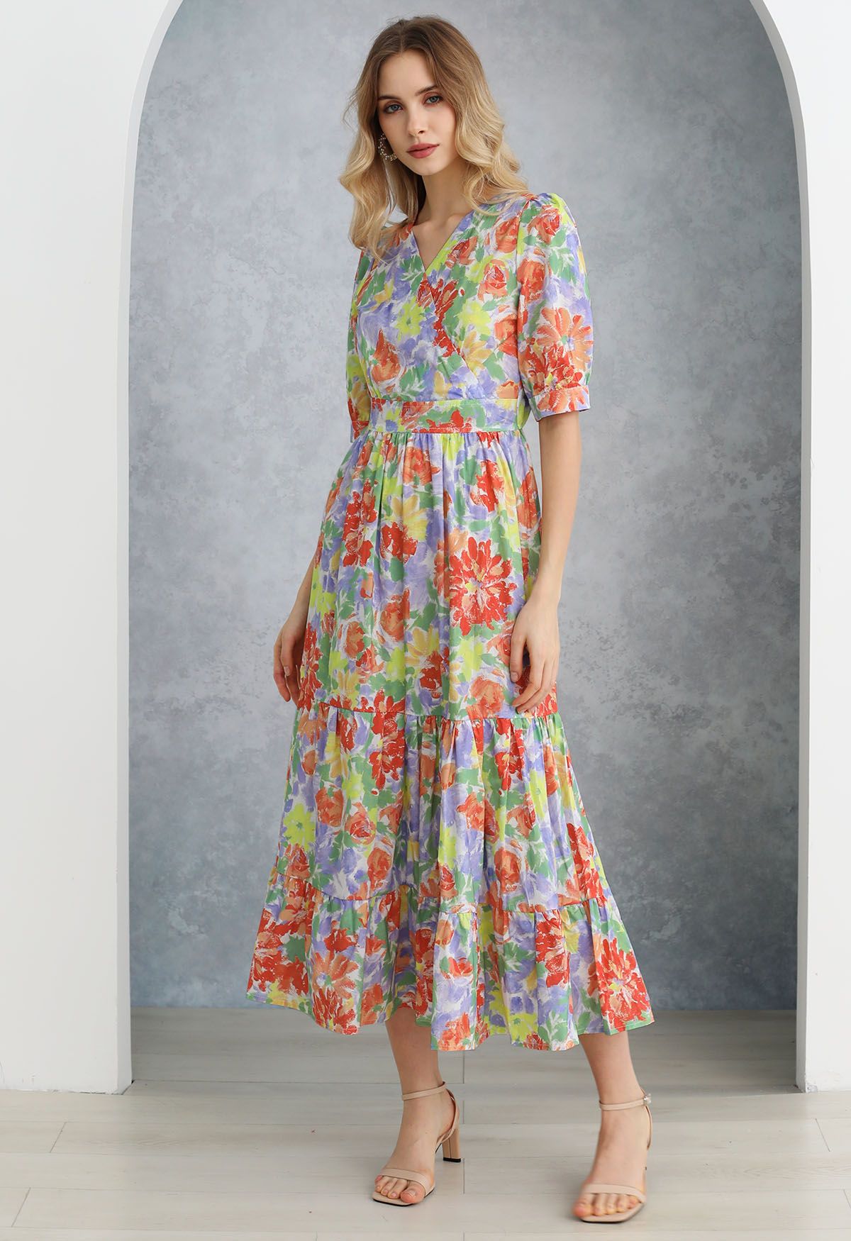 Summer Shine Floral Printed Frilling Wrapped Dress