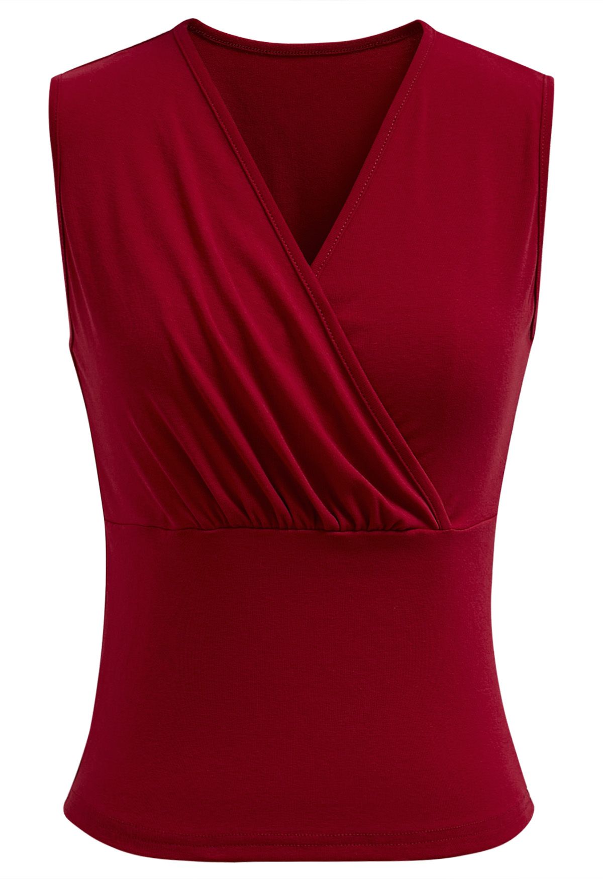 Faux-Wrap Sleeveless Cotton Top in Red