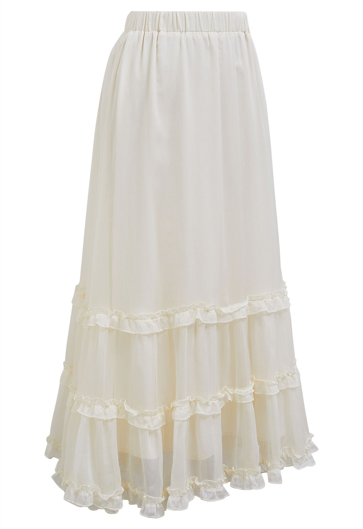 Swirling Ruffle Trim Maxi Skirt in Cream