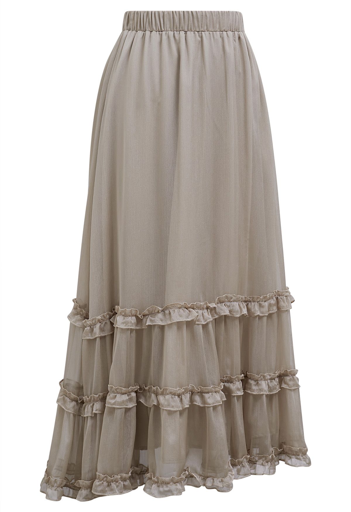 Swirling Ruffle Trim Maxi Skirt in Taupe