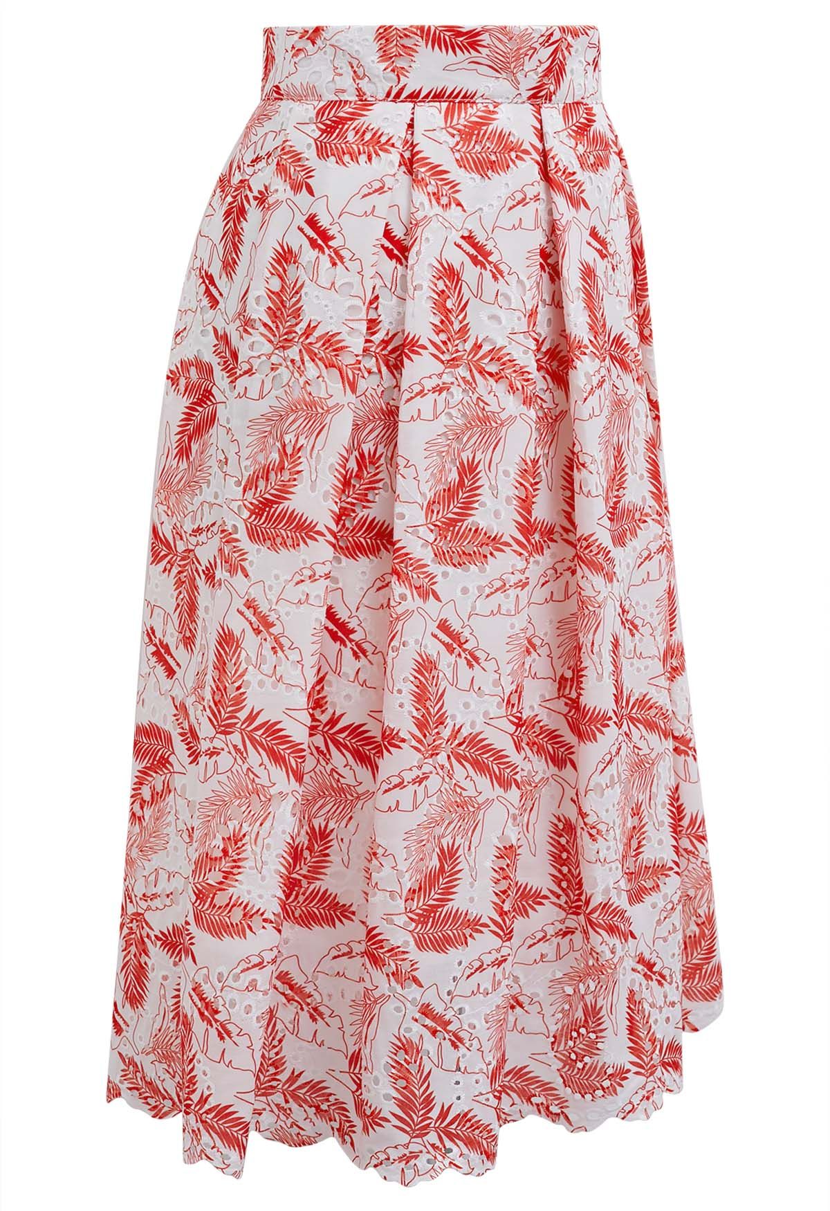 Leaf Embroidered Eyelet Pleated Midi Skirt in Red