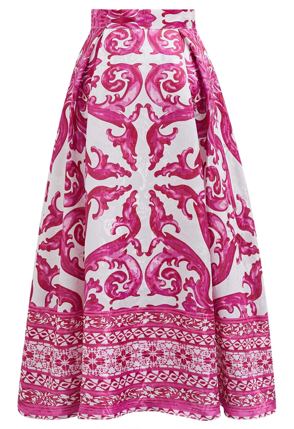 Pink Tile Jacquard Pleated A-Line Midi Skirt