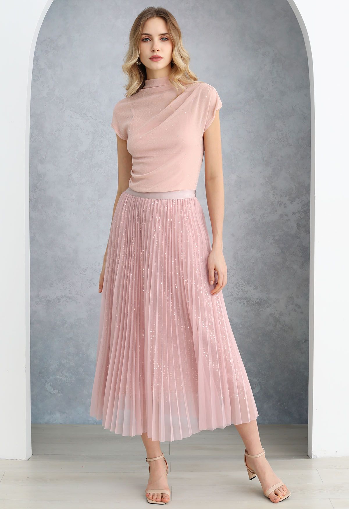 Glister Sequin Trim Mesh Tulle Maxi Skirt in Pink