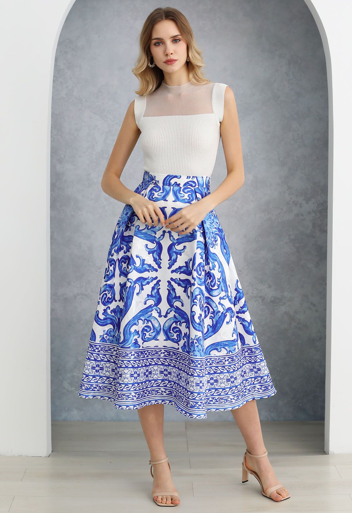 Blue Tile Jacquard Pleated A-Line Midi Skirt