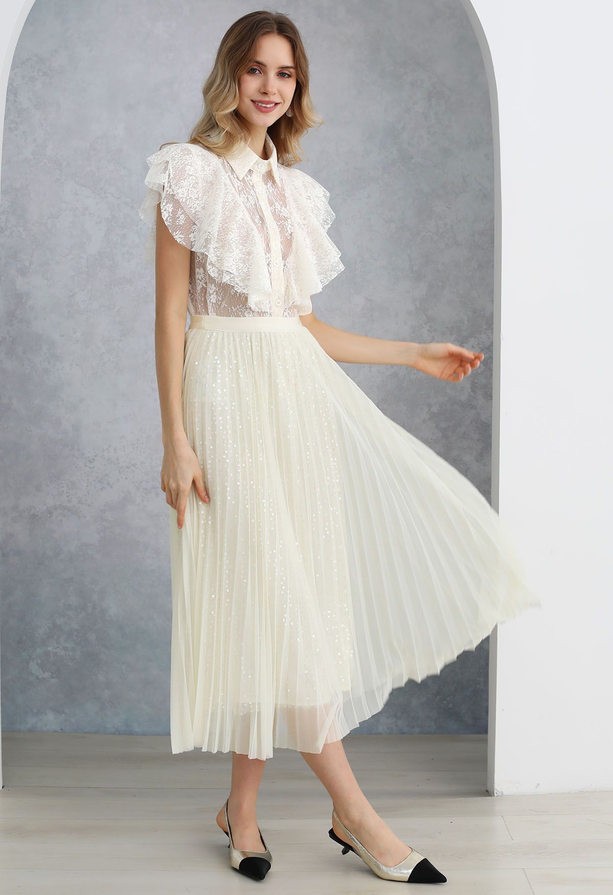 Glister Sequin Trim Mesh Tulle Maxi Skirt in Cream