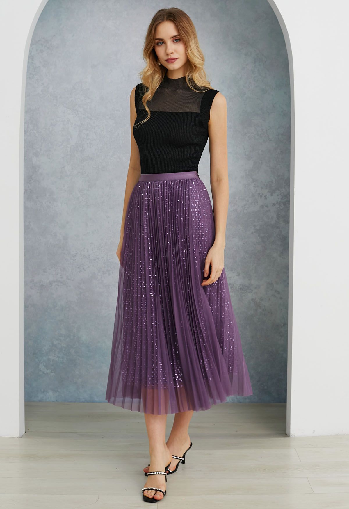 Glister Sequin Trim Mesh Tulle Maxi Skirt in Purple