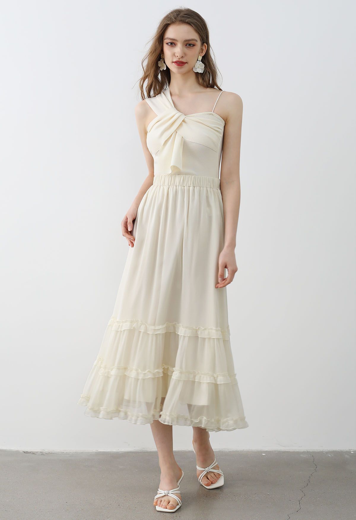 Swirling Ruffle Trim Maxi Skirt in Cream