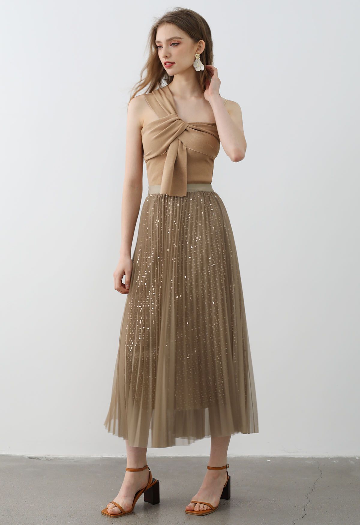 Glister Sequin Trim Mesh Tulle Maxi Skirt in Tan