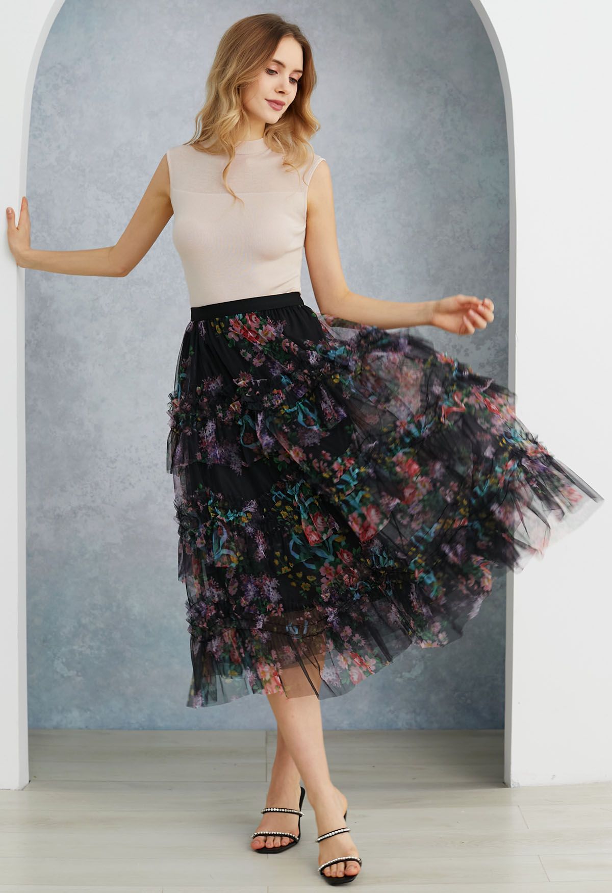 Fairy Dream Floral Ruffle Mesh Midi Skirt in Black