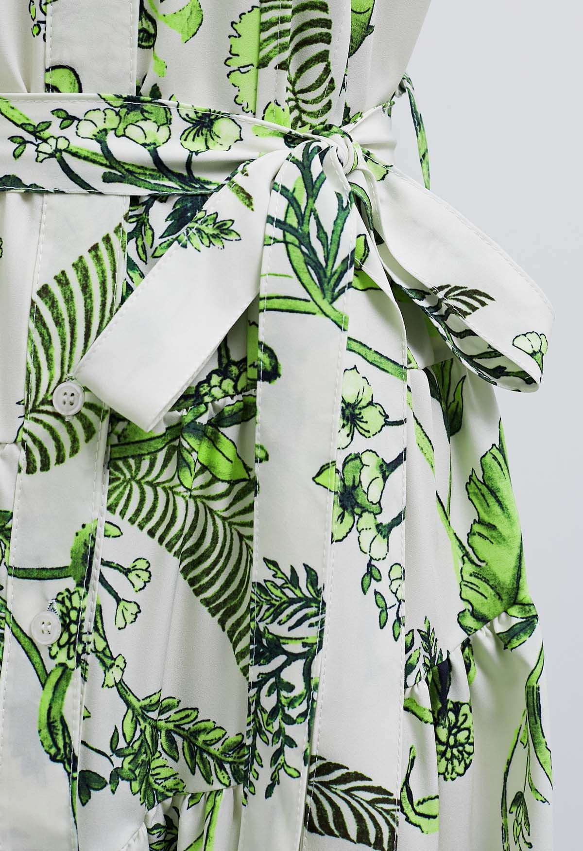 Green Tropical Palm Leaves Printed Short Sleeves Shirt Dress