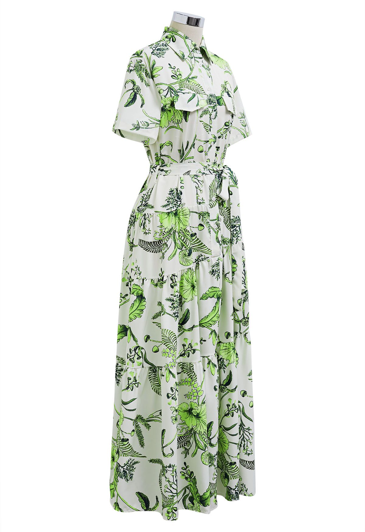 Green Tropical Palm Leaves Printed Short Sleeves Shirt Dress