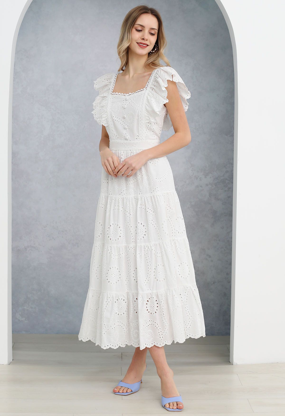 Sweetheart Neckline Eyelet Embroidery Maxi Dress in White