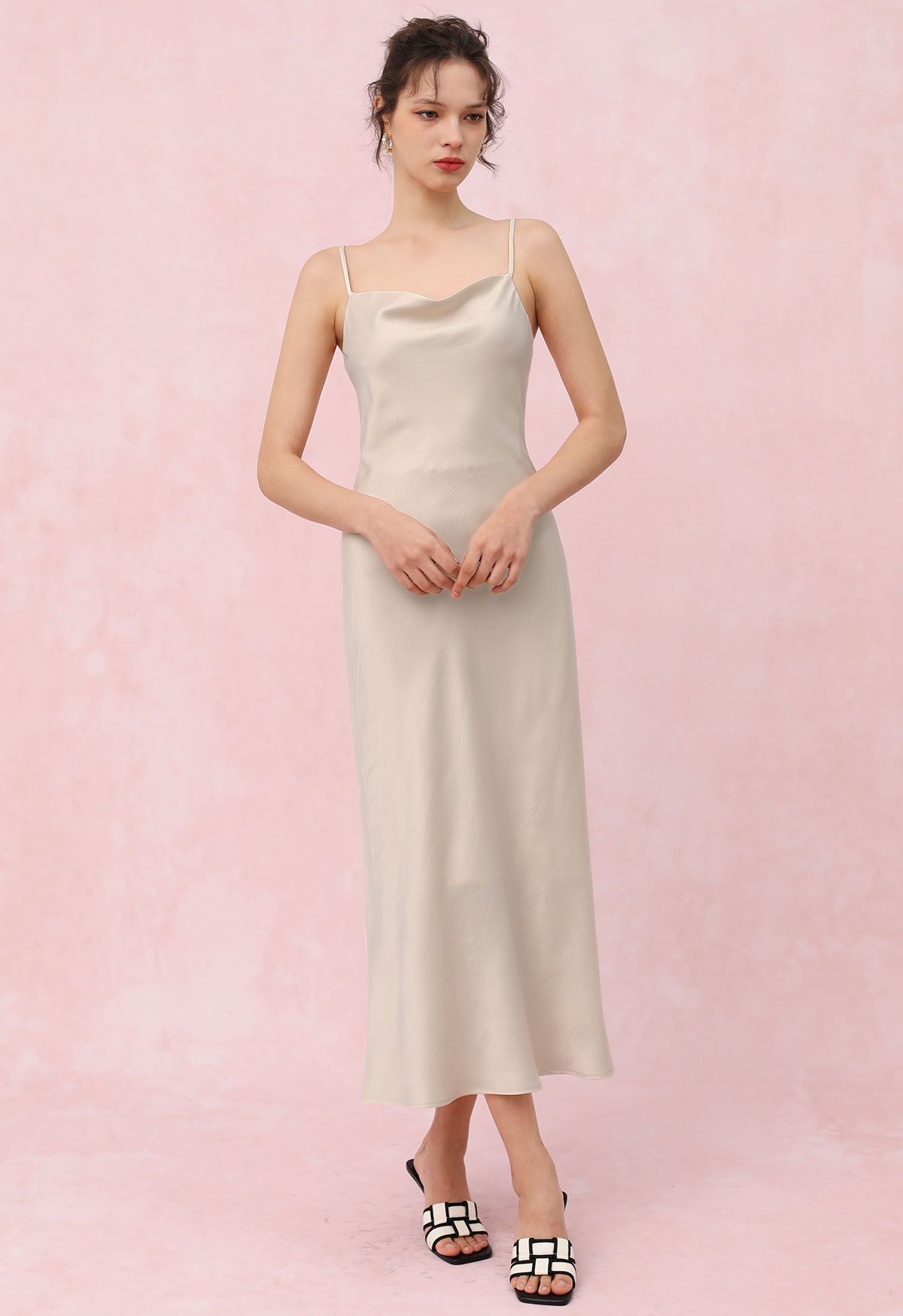 Drawstring Tie Open-Back Satin Cami Dress in Ivory