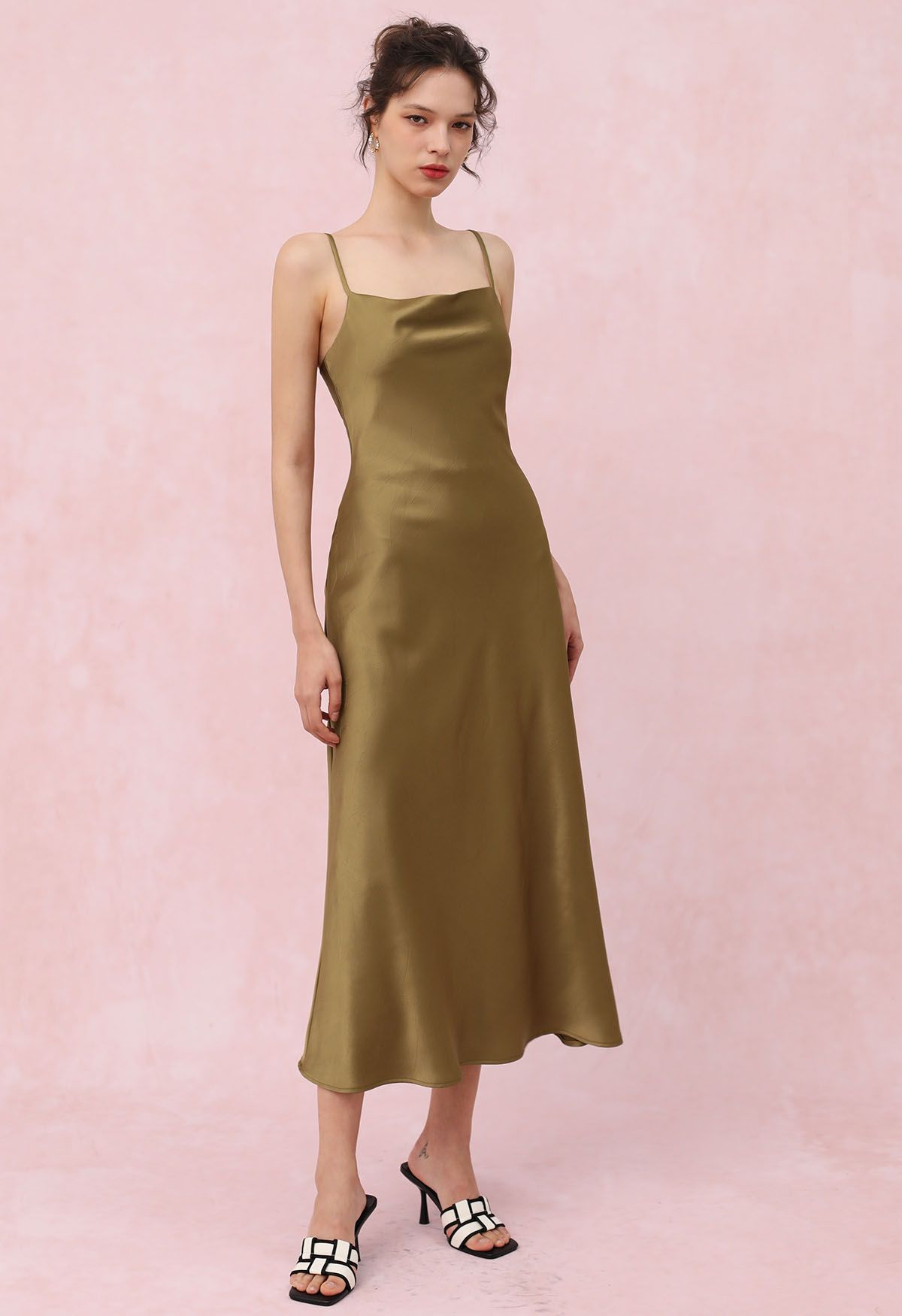 Drawstring Tie Open-Back Satin Cami Dress in Gold