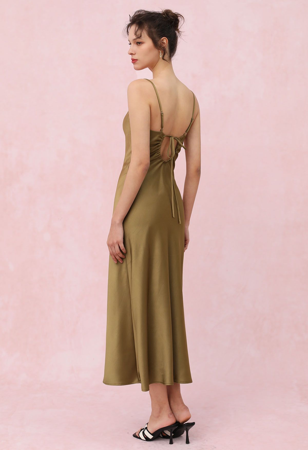 Drawstring Tie Open-Back Satin Cami Dress in Gold