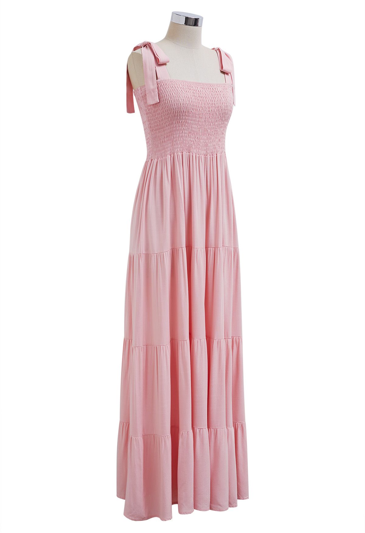 Fluttering Tie-Shoulder Shirred Maxi Dress in Pink