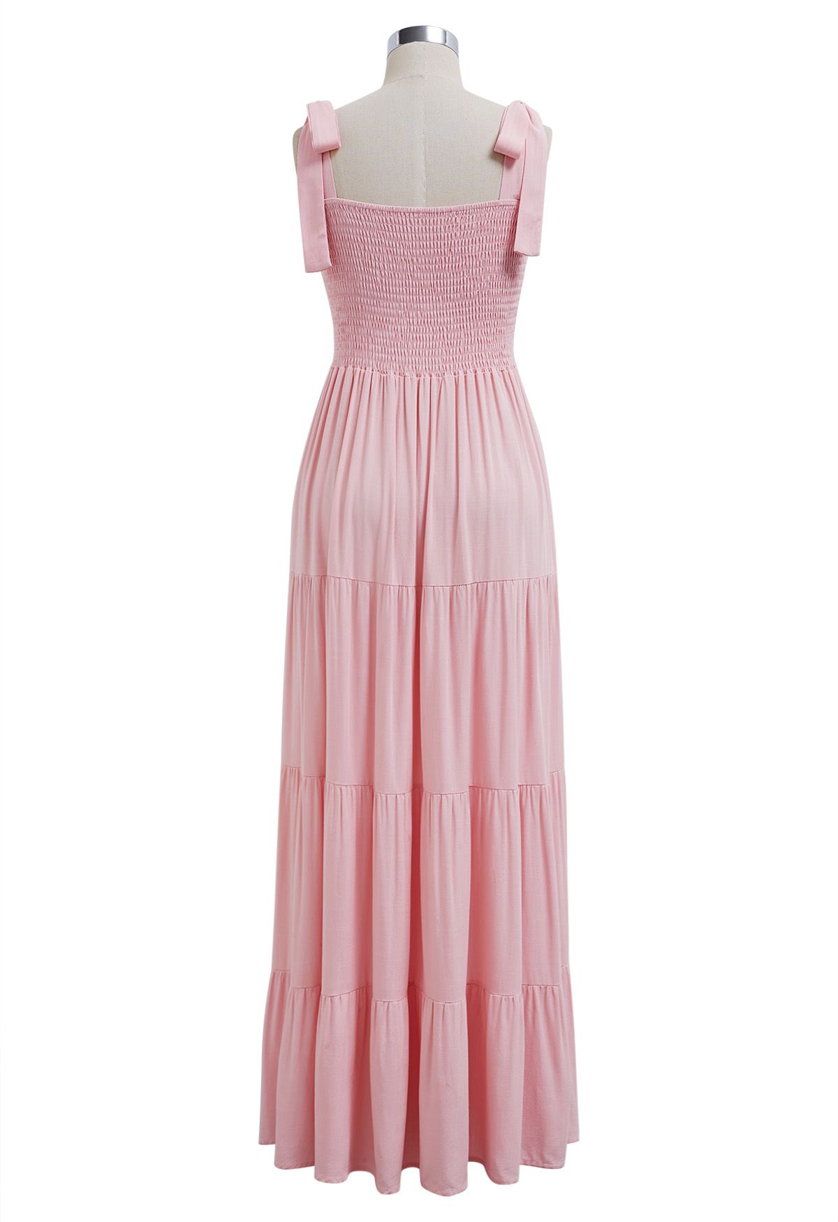 Fluttering Tie-Shoulder Shirred Maxi Dress in Pink