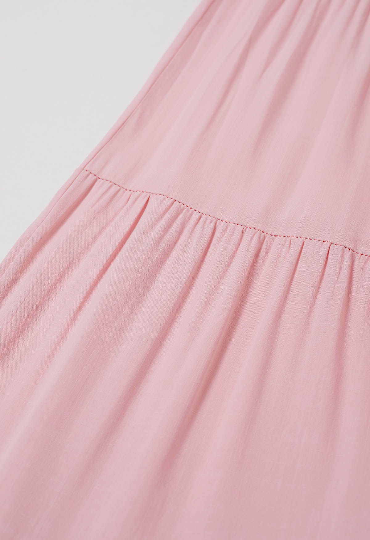 Fluttering Tie-Shoulder Shirred Maxi Dress in Pink