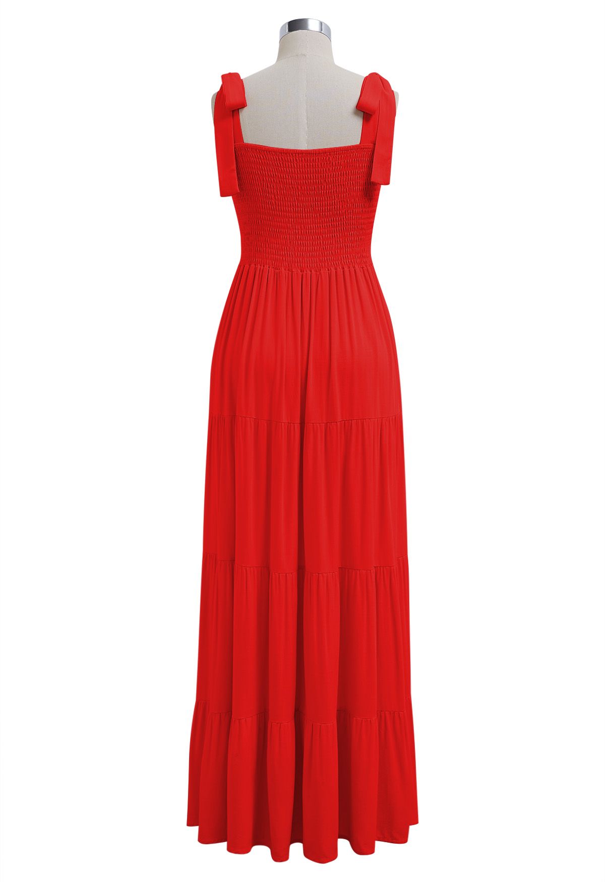 Fluttering Tie-Shoulder Shirred Maxi Dress in Red