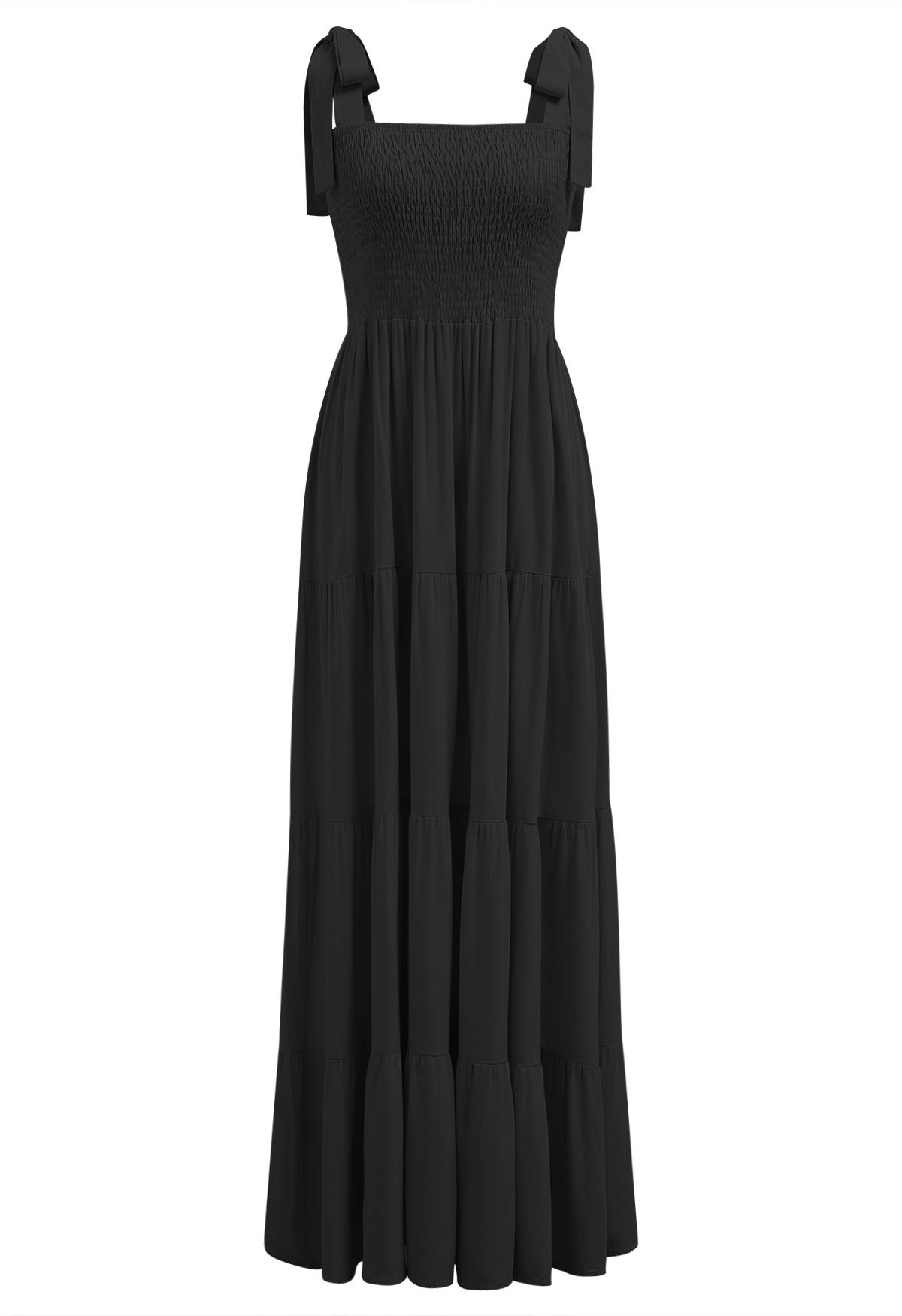 Fluttering Tie-Shoulder Shirred Maxi Dress in Black