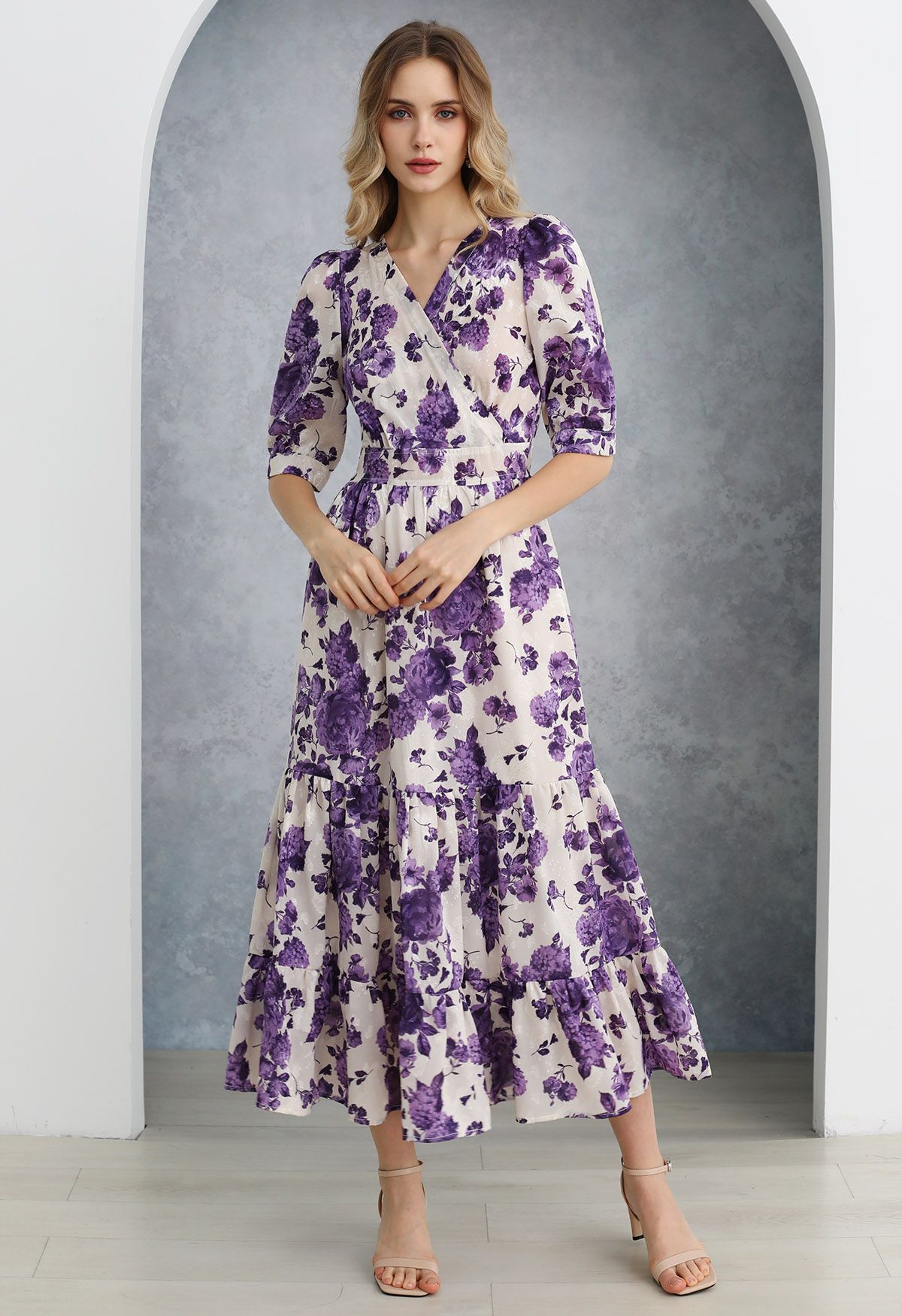 Purple Floral Jacquard Frilling Wrapped Dress