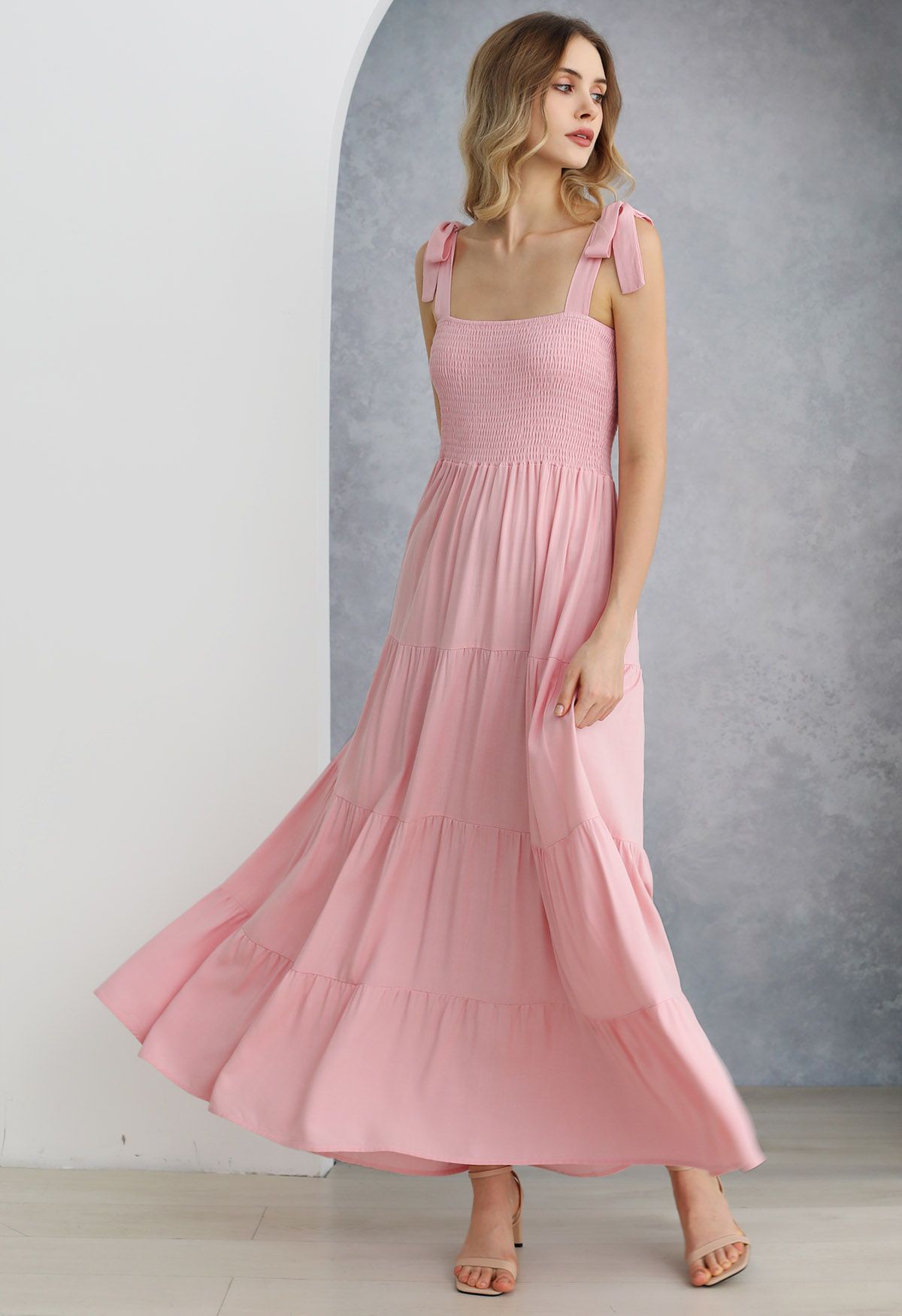 Fluttering Tie-Shoulder Shirred Maxi Dress in Pink