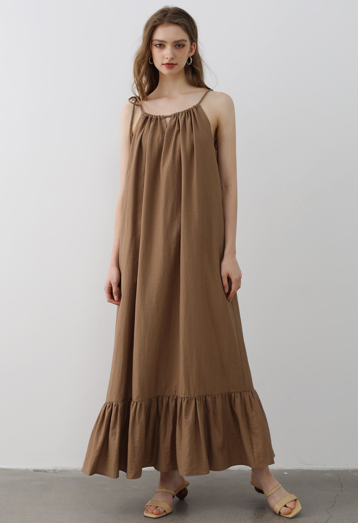 Self-Tie Halter Frill Hem Maxi Dress in Caramel