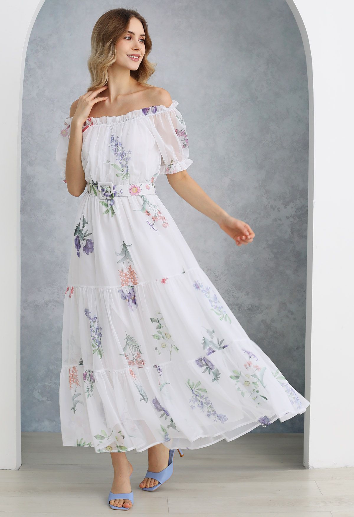 Botanical Printed Off-Shoulder Chiffon Dress