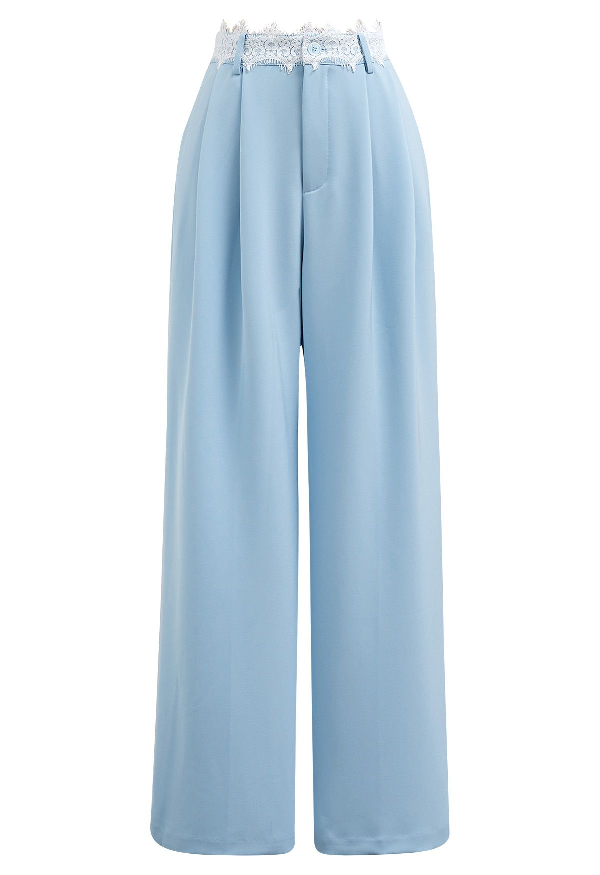 Lacy Waist Pleated Straight-Leg Pants in Blue