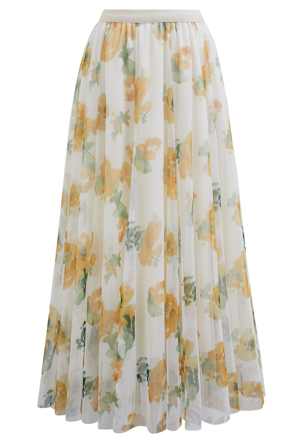 Watercolor Floral Mesh Tulle Midi Skirt in Light Yellow