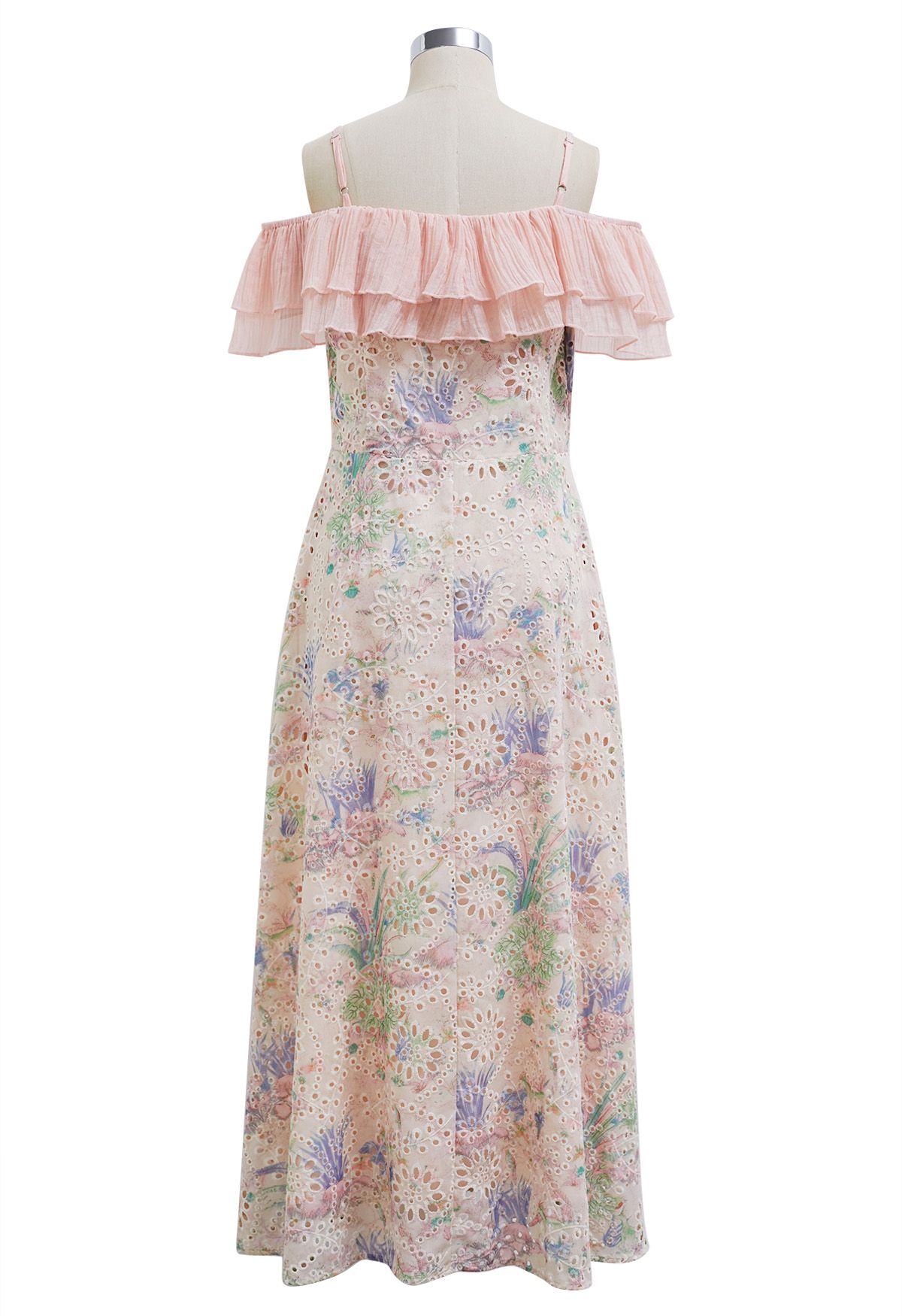 Floral Printed Eyelet Embroidered Flounced Cold-Shoulder Dress