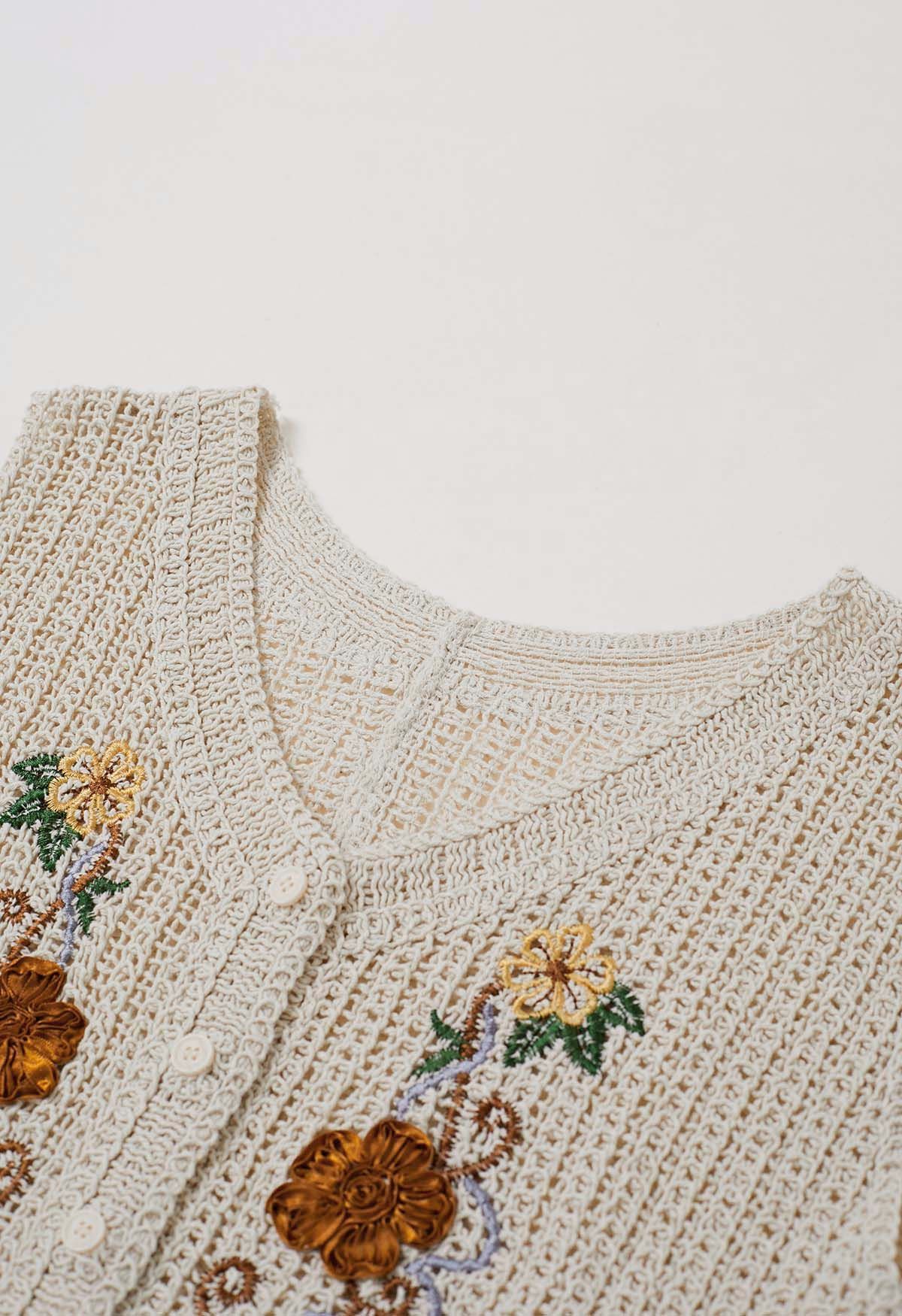 3D Floral Embroidered Crochet Cotton Vest 