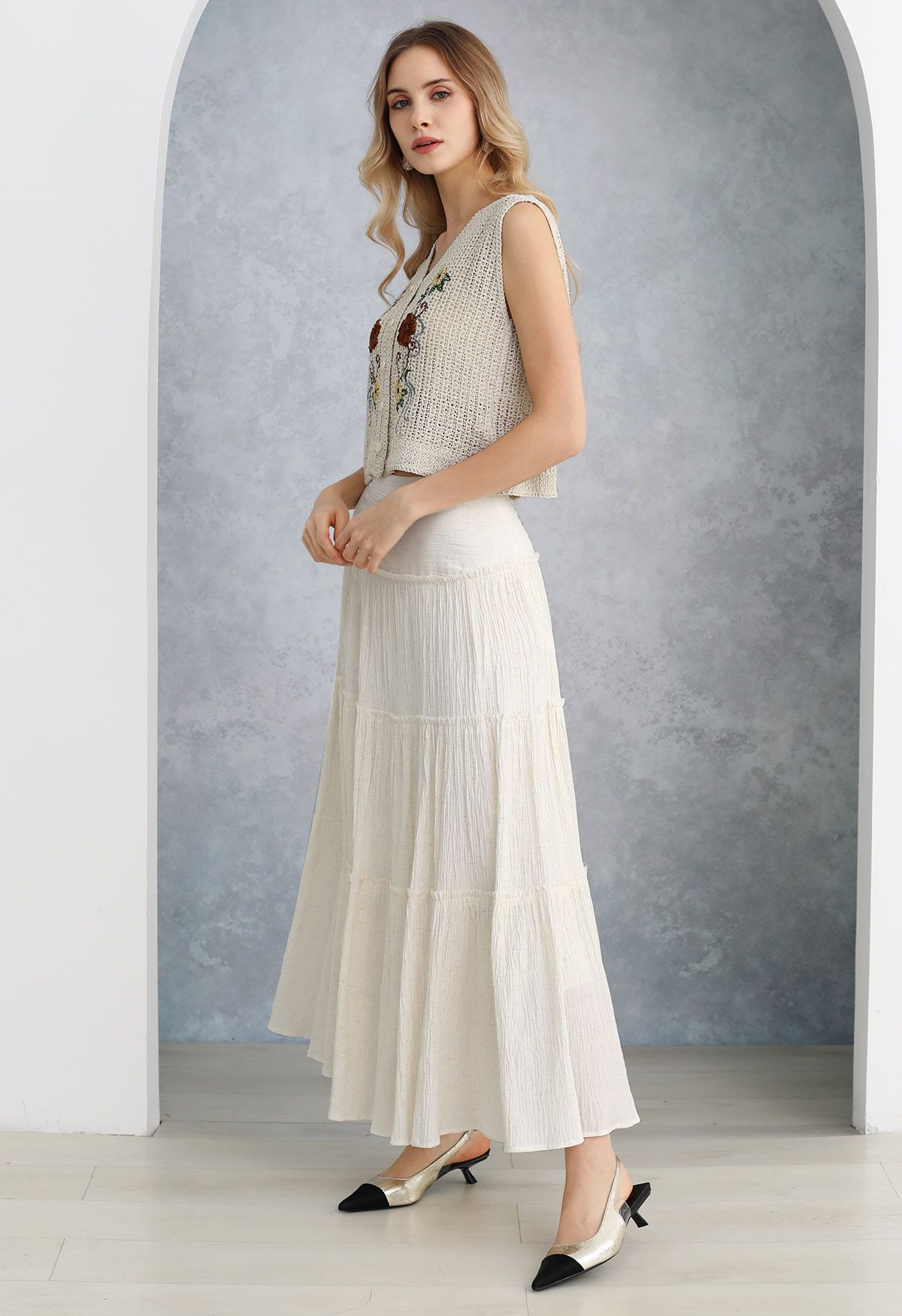 Embossed Texture Ruffle Trim Maxi Skirt 