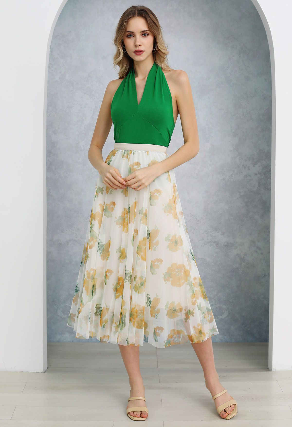 Watercolor Floral Mesh Tulle Midi Skirt in Light Yellow