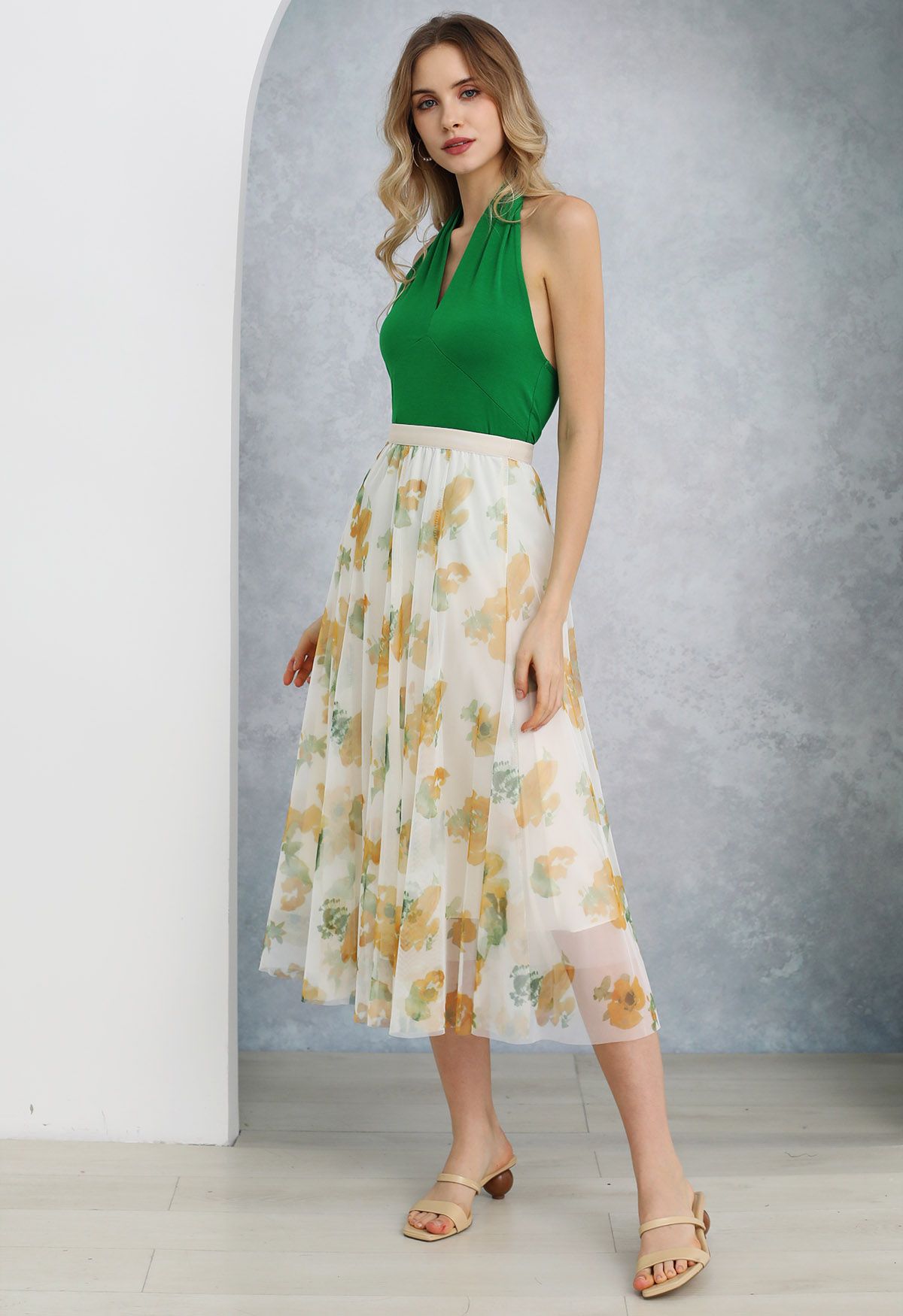 Watercolor Floral Mesh Tulle Midi Skirt in Light Yellow