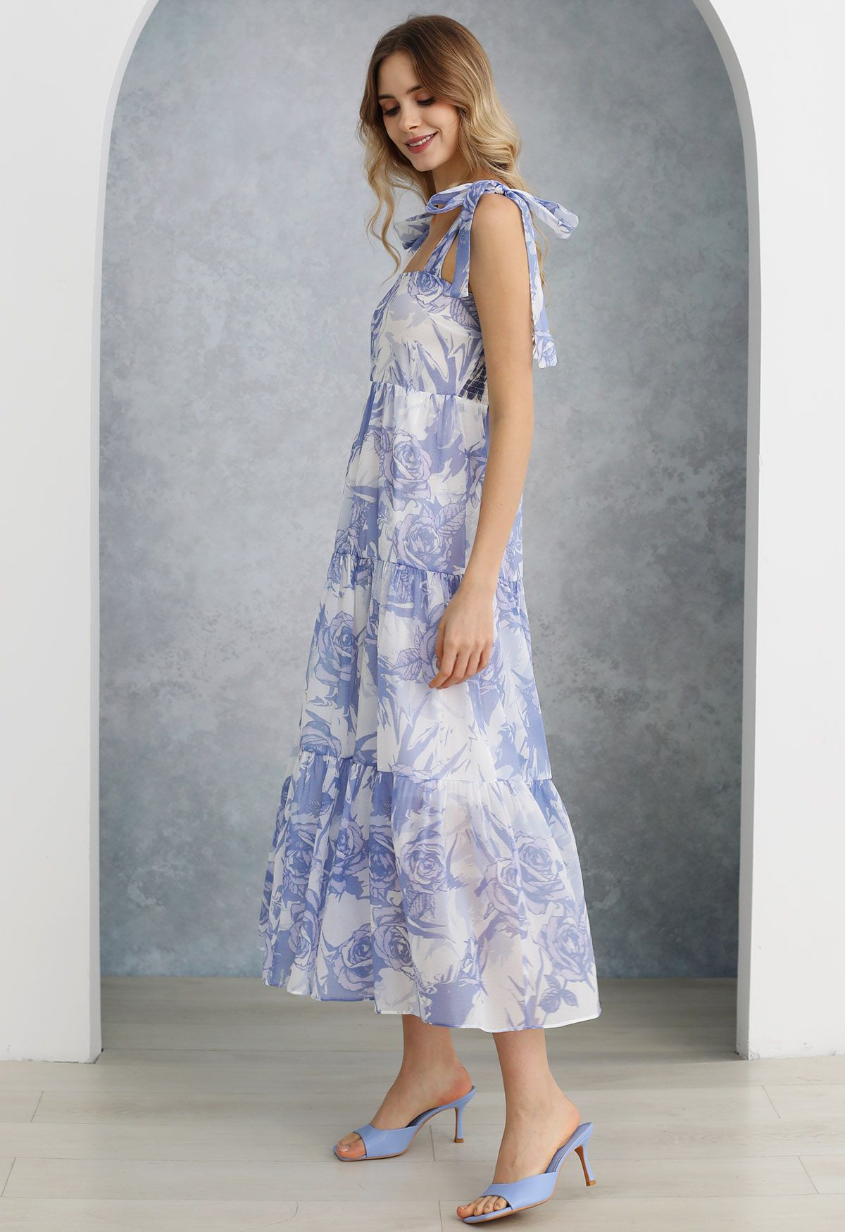 Tranquil Blue Rose Tie-Strap Maxi Dress