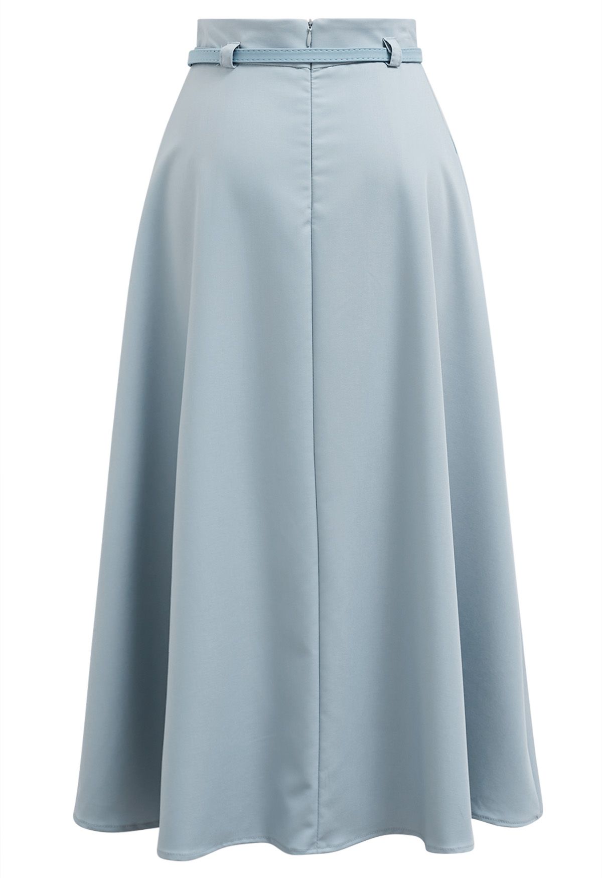 Side Pockets Pleated Belt Midi Skirt in Dusty Blue