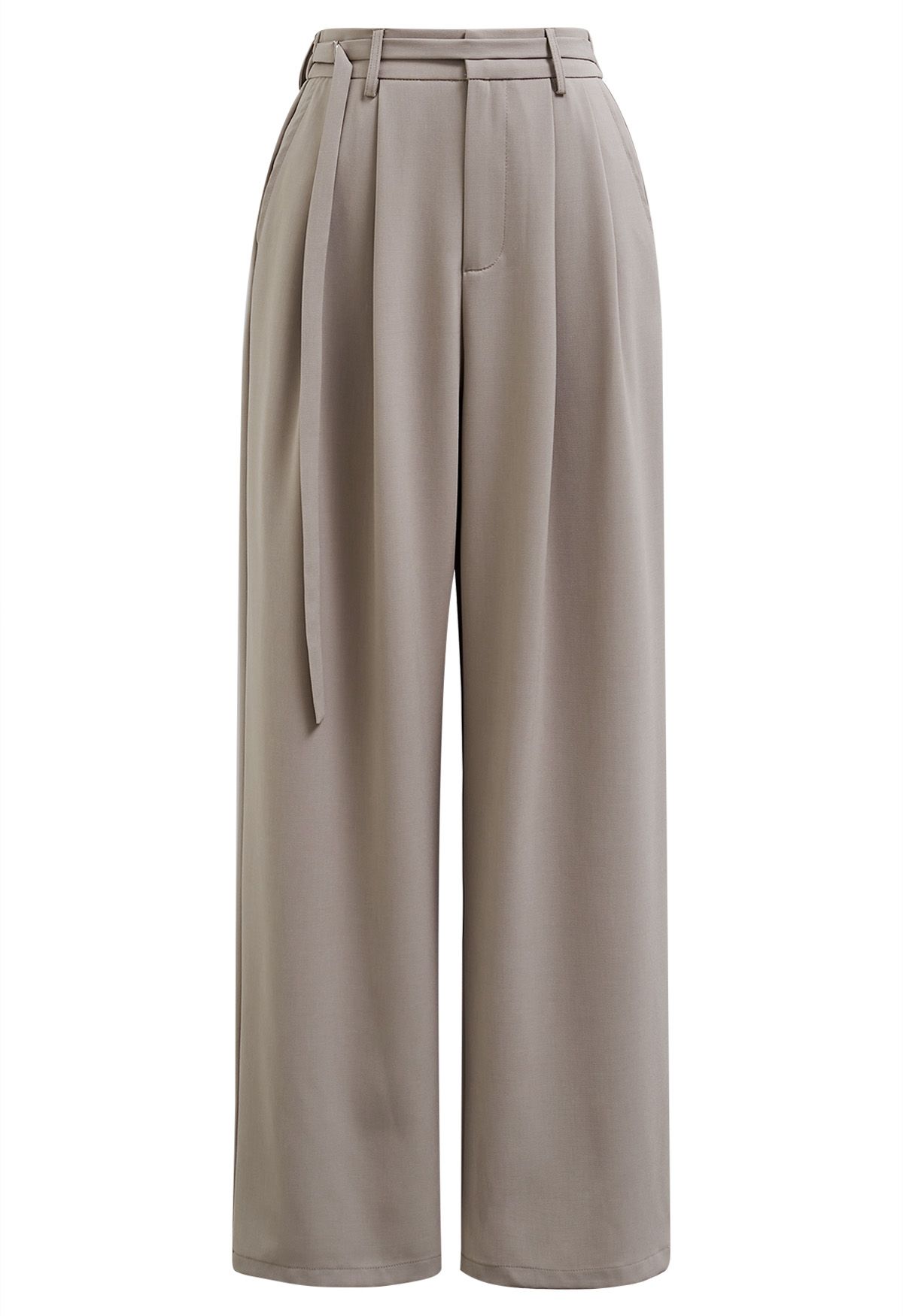 Belted Waist Pleated Palazzo Pants in Khaki