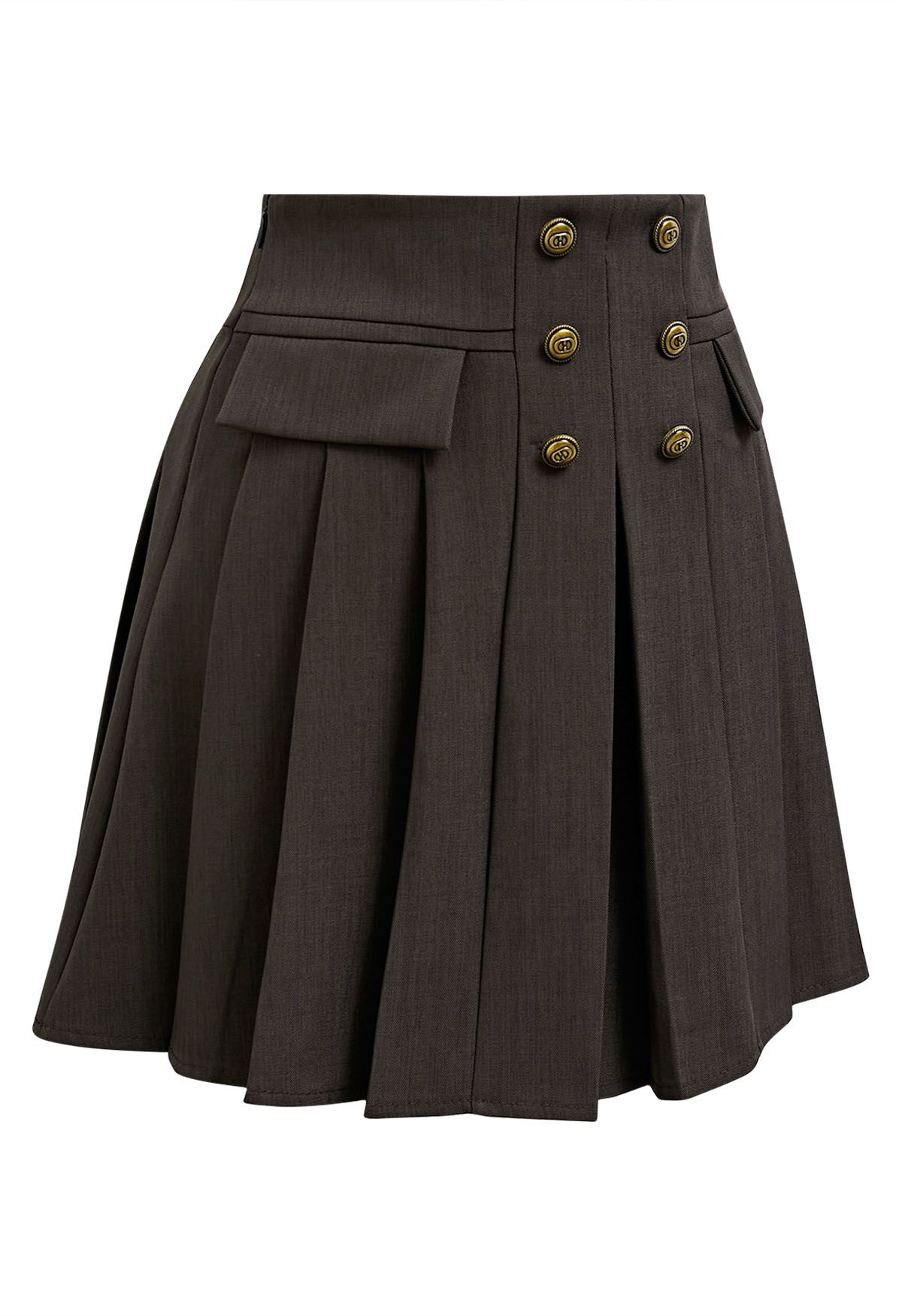 Double-Breasted Pleated Preppy Mini Skorts in Brown